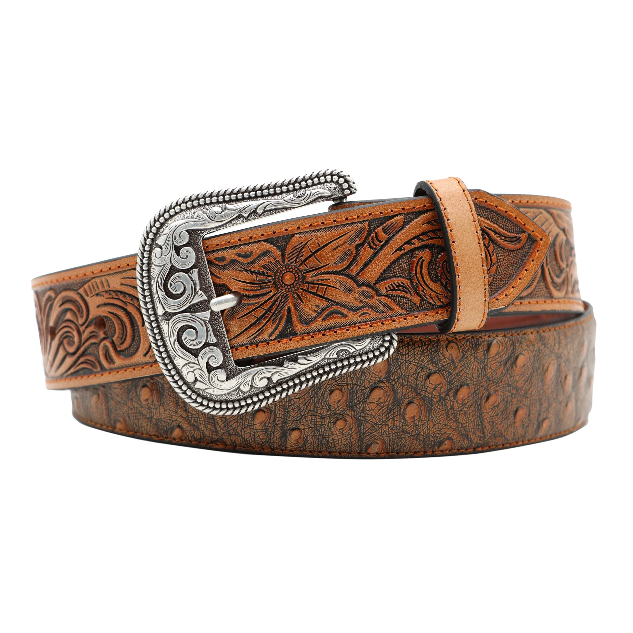 1 1/2" Exotic Ostrich Print with Tooled Billets Belt