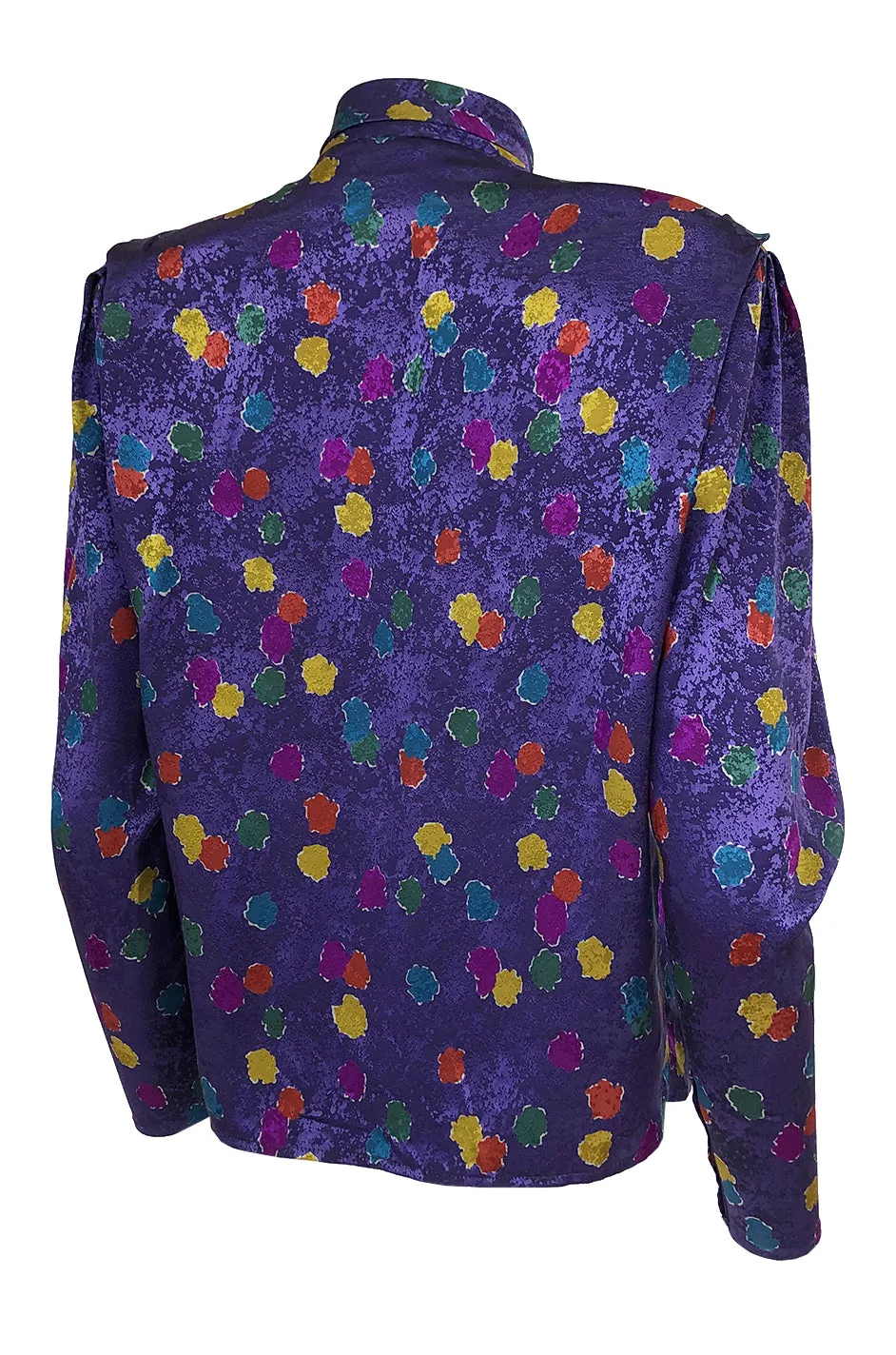 1980s Emanuel Ungaro Unusual Sleeve Purple Print Silk Top w Tie