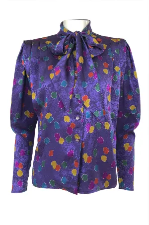 1980s Emanuel Ungaro Unusual Sleeve Purple Print Silk Top w Tie