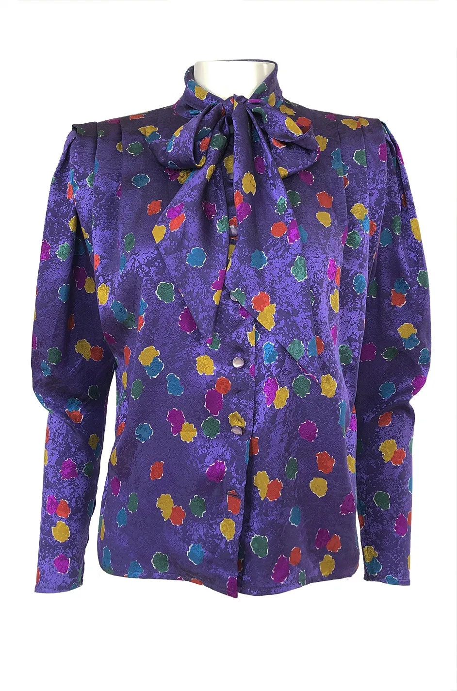 1980s Emanuel Ungaro Unusual Sleeve Purple Print Silk Top w Tie