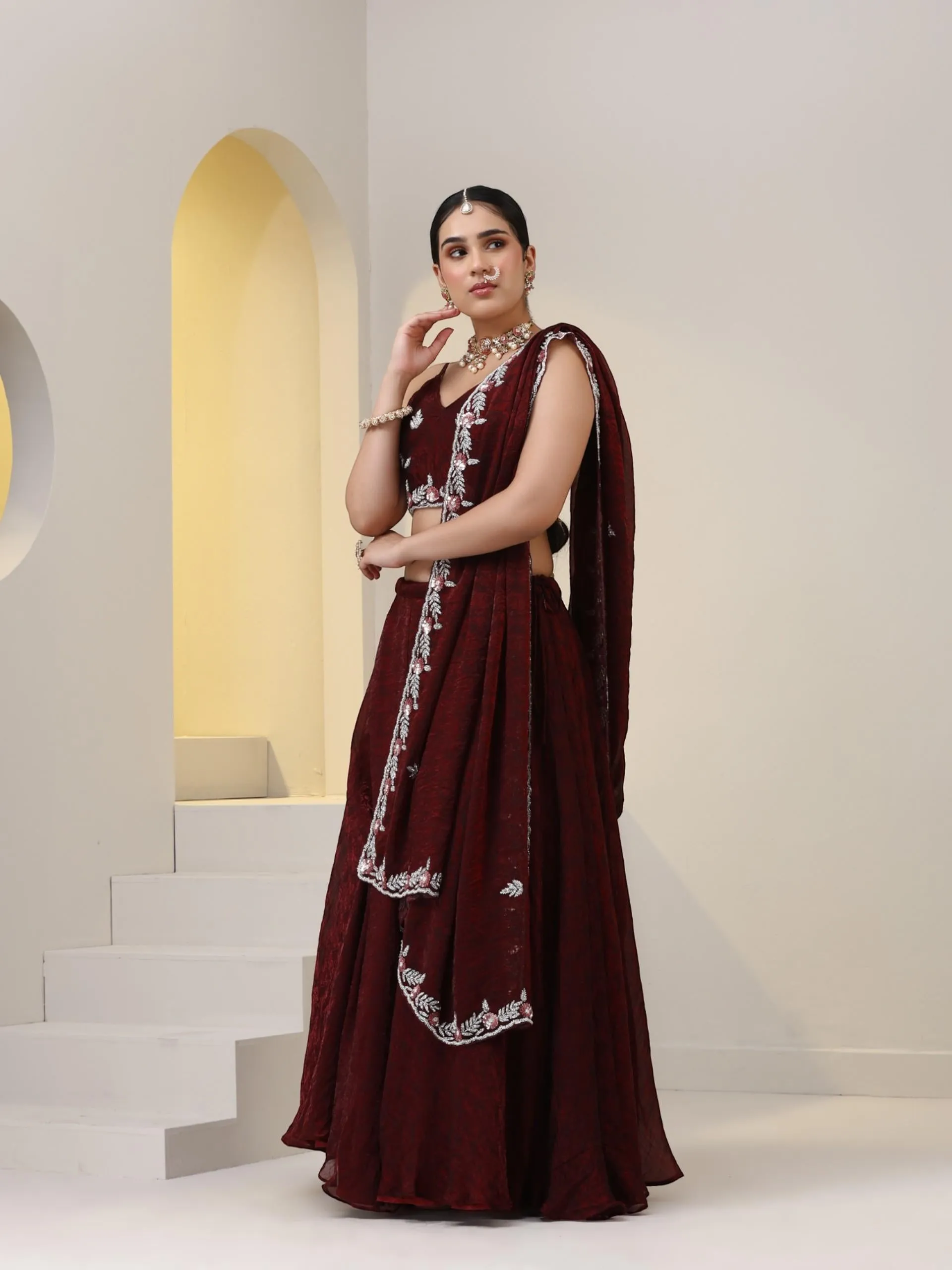 3 pc SET - Maroon Paisley Chiffon Lehenga with Hand Embroidered Cut Dana Blouse Fabric and Dupatta