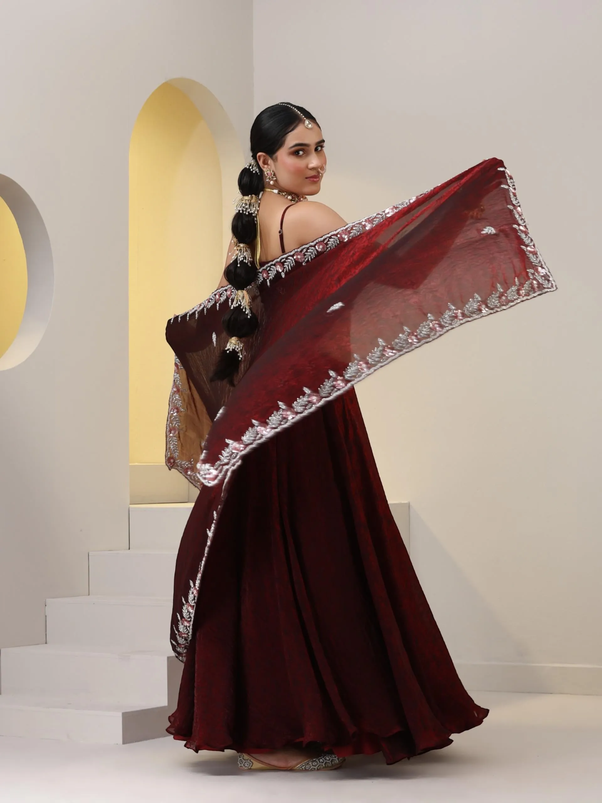 3 pc SET - Maroon Paisley Chiffon Lehenga with Hand Embroidered Cut Dana Blouse Fabric and Dupatta