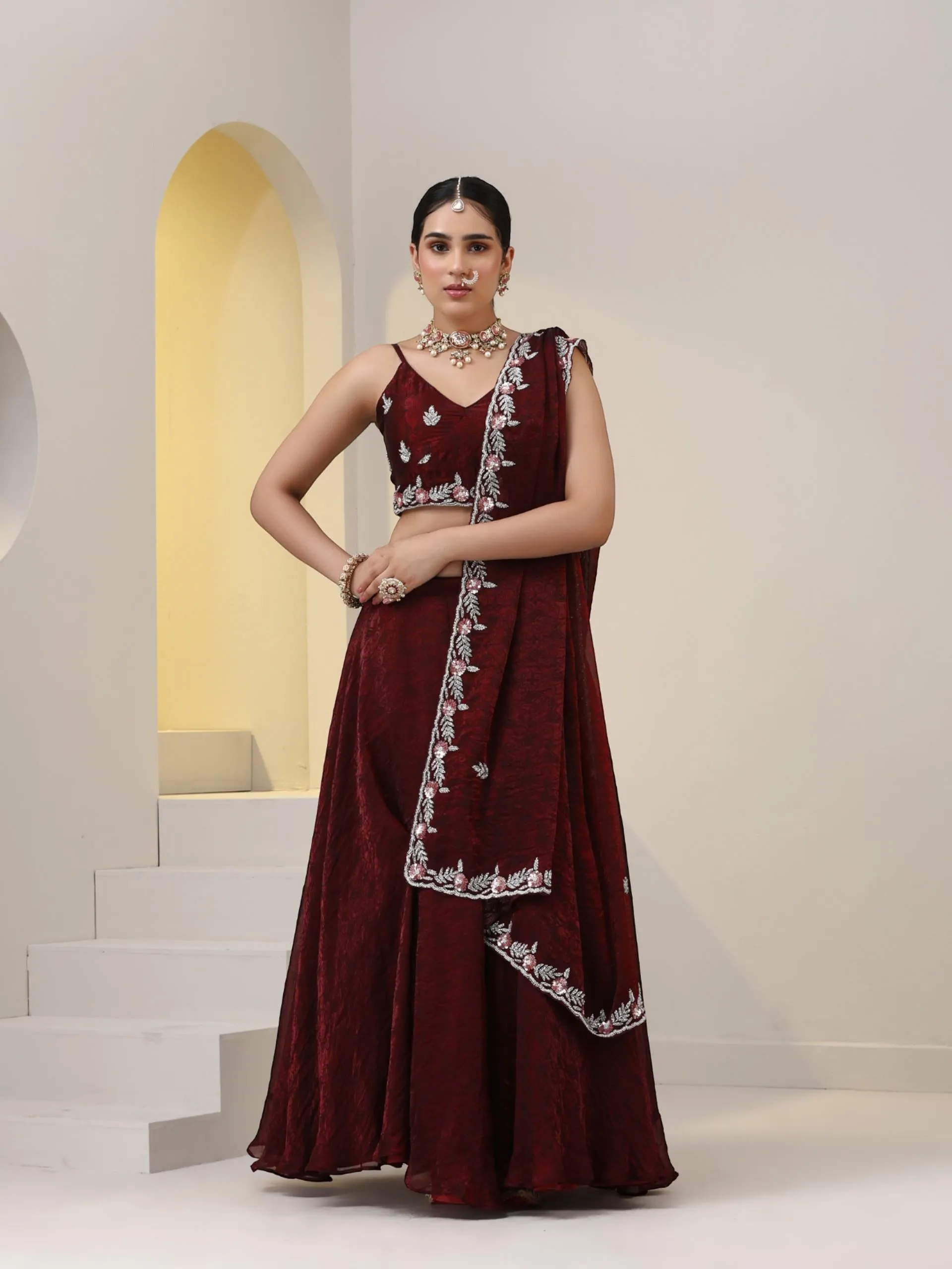 3 pc SET - Maroon Paisley Chiffon Lehenga with Hand Embroidered Cut Dana Blouse Fabric and Dupatta