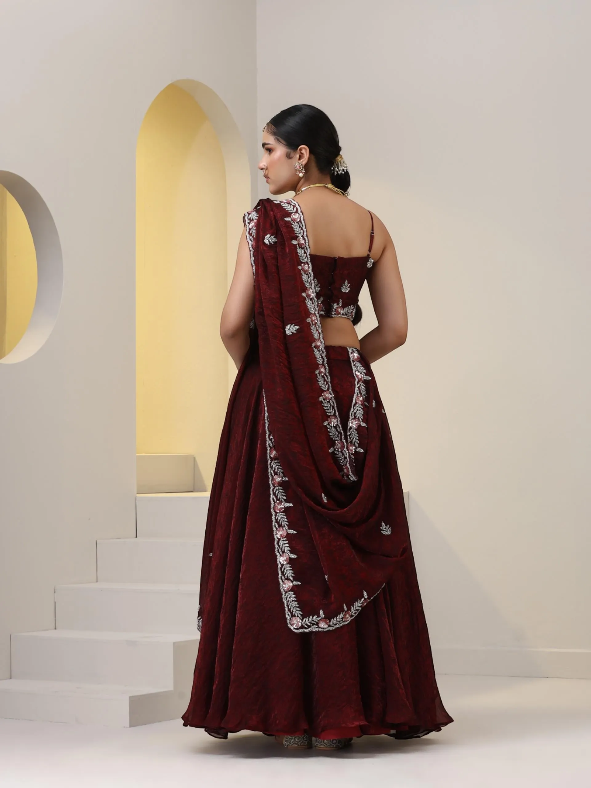 3 pc SET - Maroon Paisley Chiffon Lehenga with Hand Embroidered Cut Dana Blouse Fabric and Dupatta