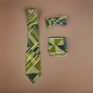 3pc African Green Kente Print Necktie & Hanky Set