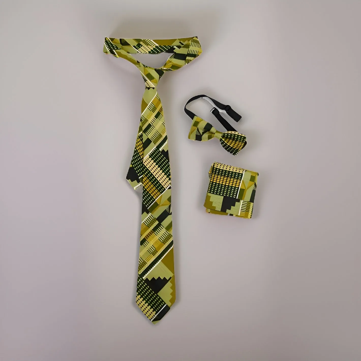 3pc African Green Kente Print Necktie & Hanky Set