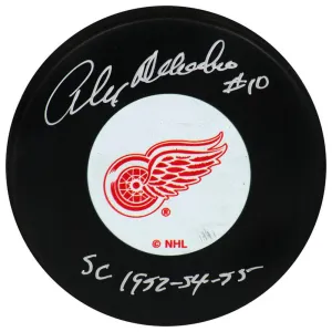 Alex Delvecchio Signed Red Wings Logo Hockey Puck w/SC 1952-54-55 (SCHWARTZ COA)