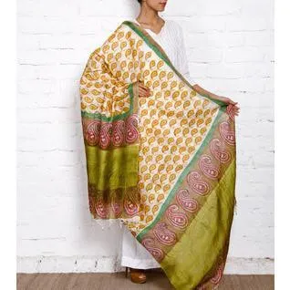 Beige, Mustard & Green Tussar Silk Dupattas