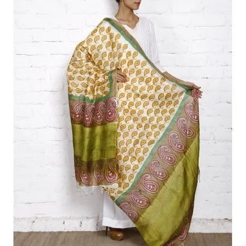 Beige, Mustard & Green Tussar Silk Dupattas