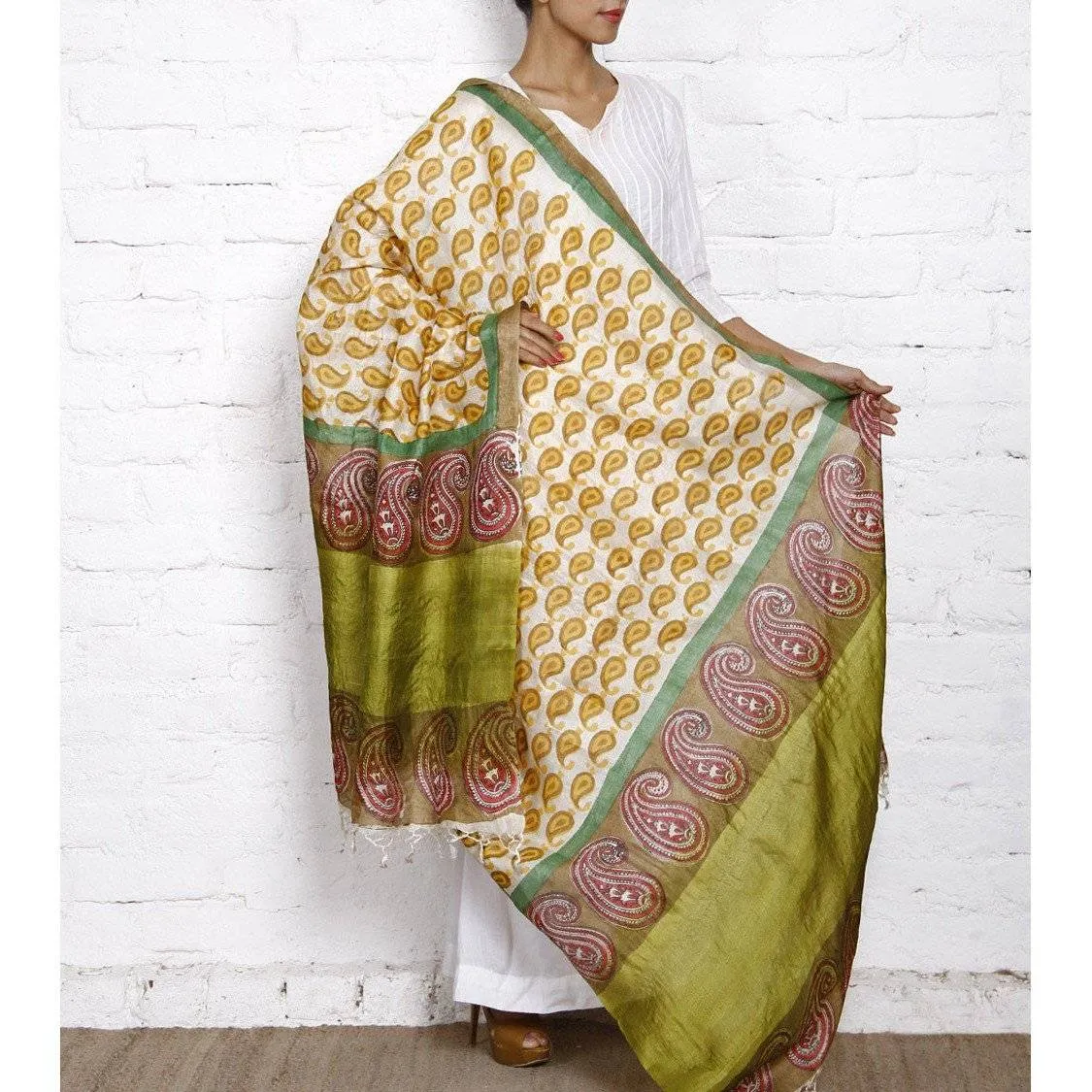 Beige, Mustard & Green Tussar Silk Dupattas
