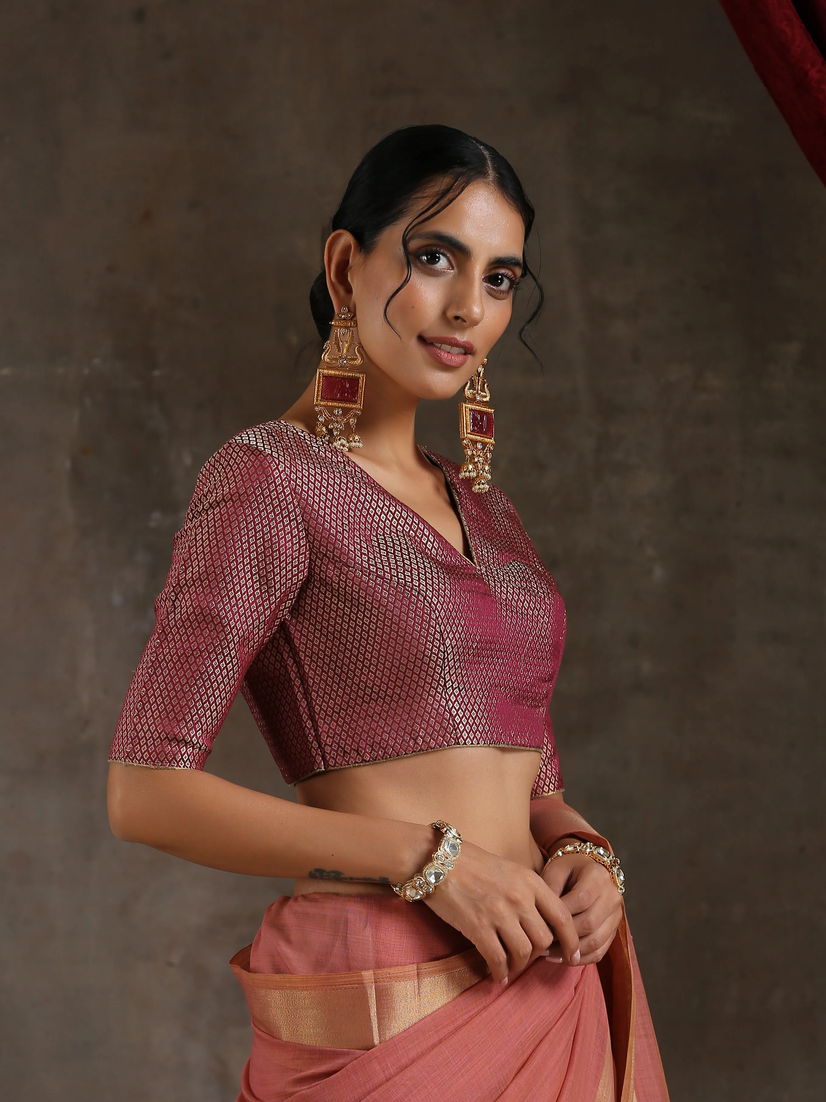 Blouse - Wine Jacquard With Keyhole Back