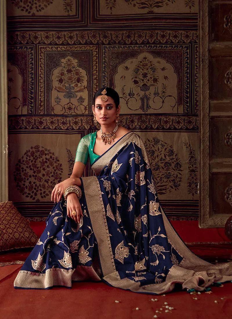 Blue And Teal Zari Weaved Banarasi Crape Georgette Saree