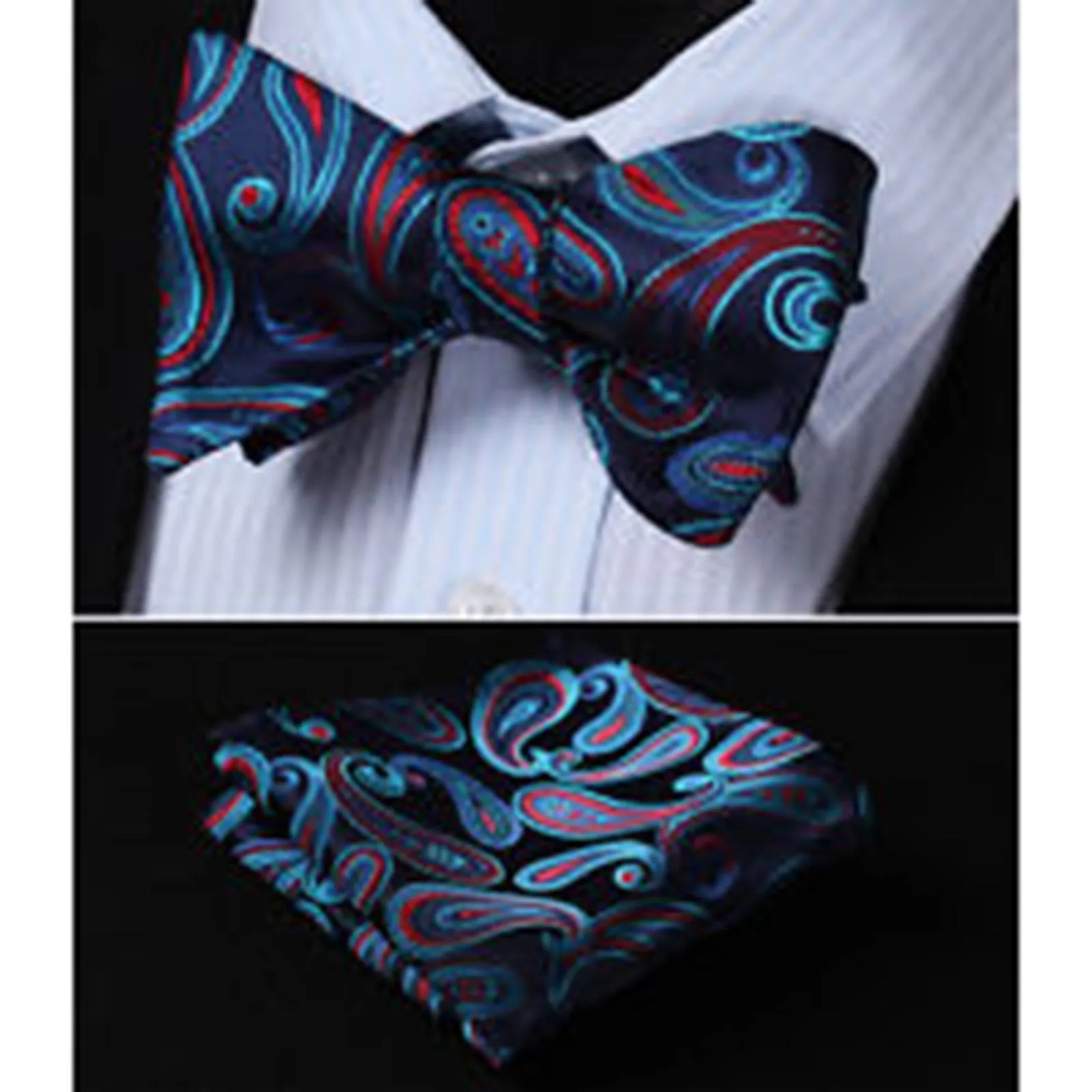 Blue Red Paisley Mens Silk Self tie Bow Tie with Pocket Squares Set