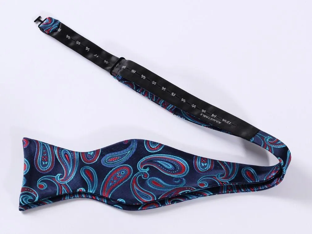 Blue Red Paisley Mens Silk Self tie Bow Tie with Pocket Squares Set