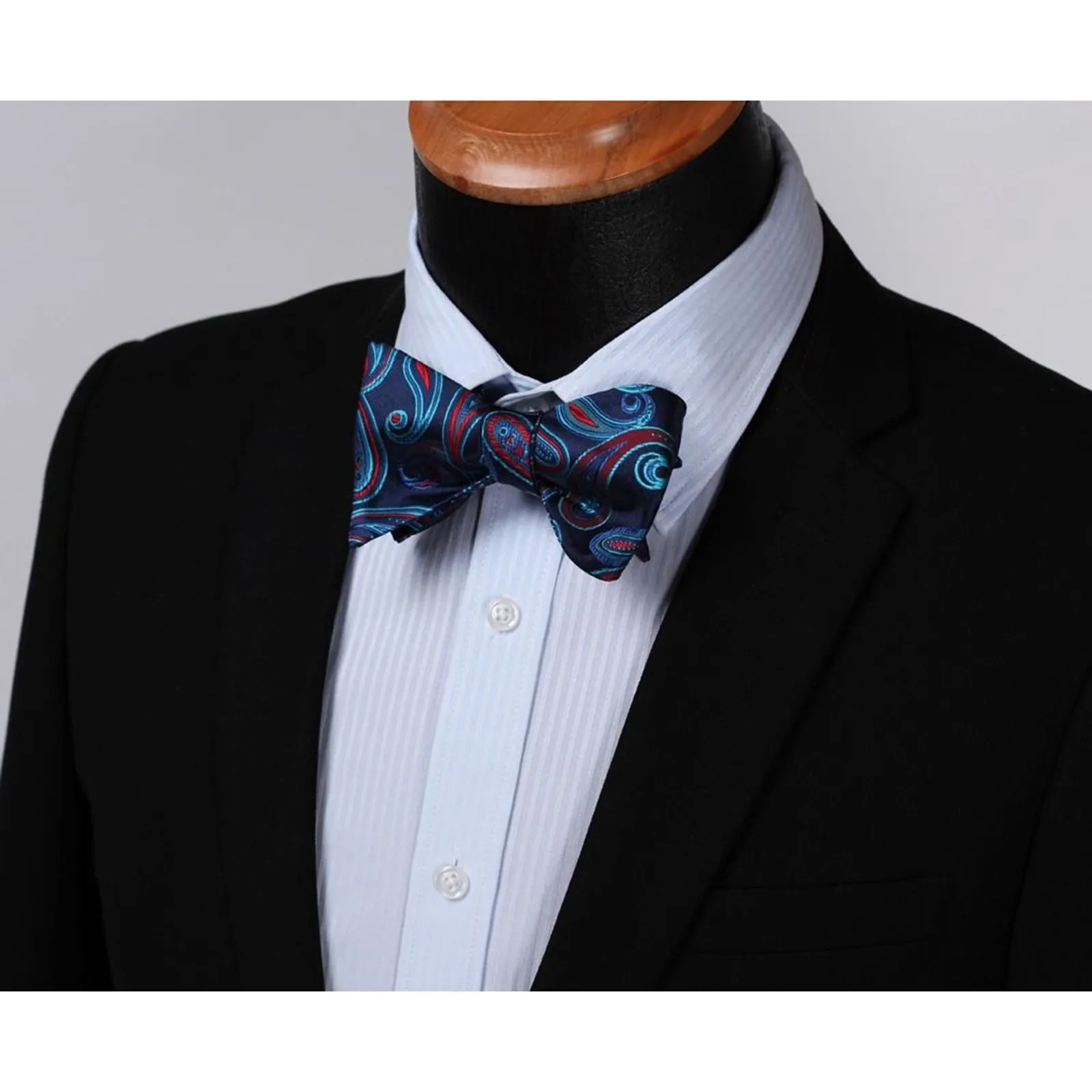 Blue Red Paisley Mens Silk Self tie Bow Tie with Pocket Squares Set