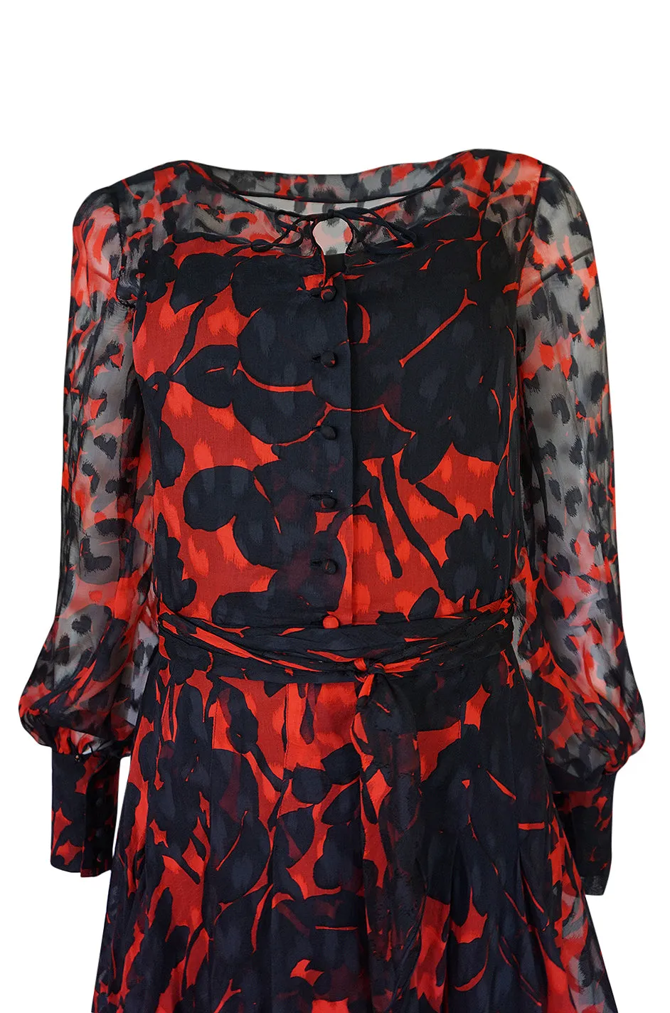 c.1976-77 Chanel True Haute Couture Red & Black Floral Print Silk Dress