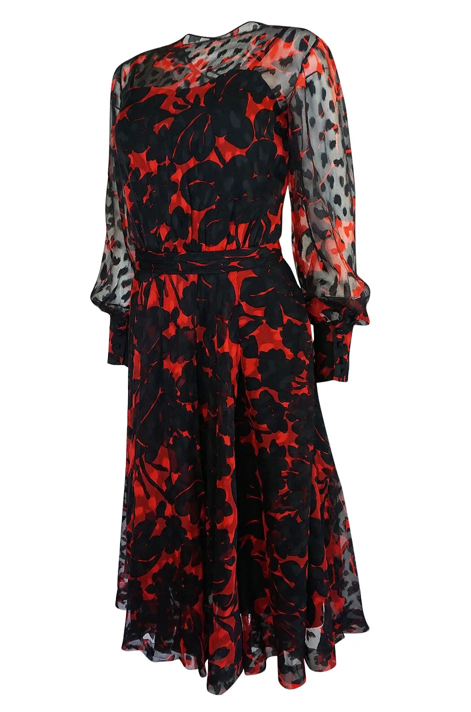 c.1976-77 Chanel True Haute Couture Red & Black Floral Print Silk Dress