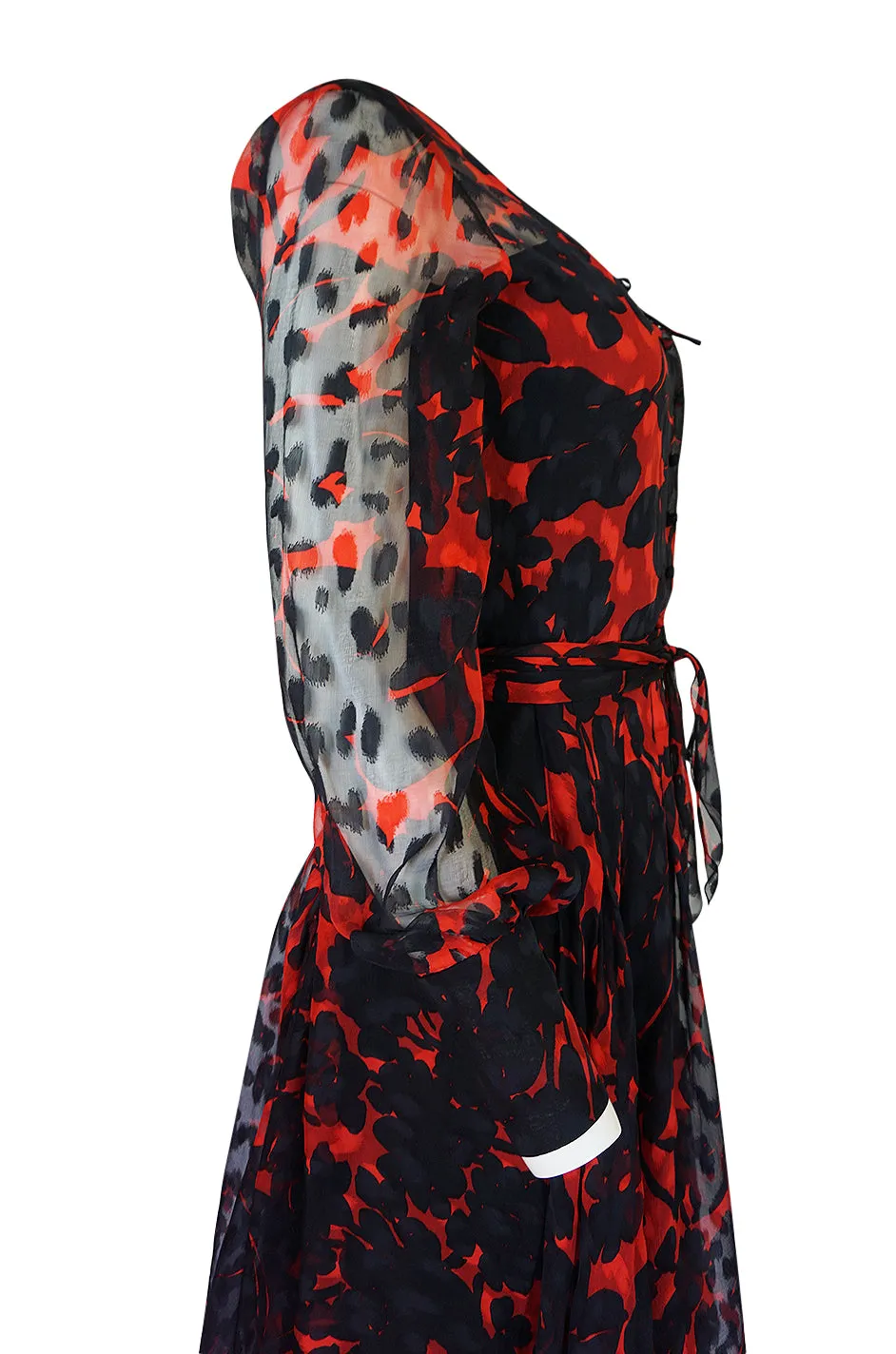 c.1976-77 Chanel True Haute Couture Red & Black Floral Print Silk Dress