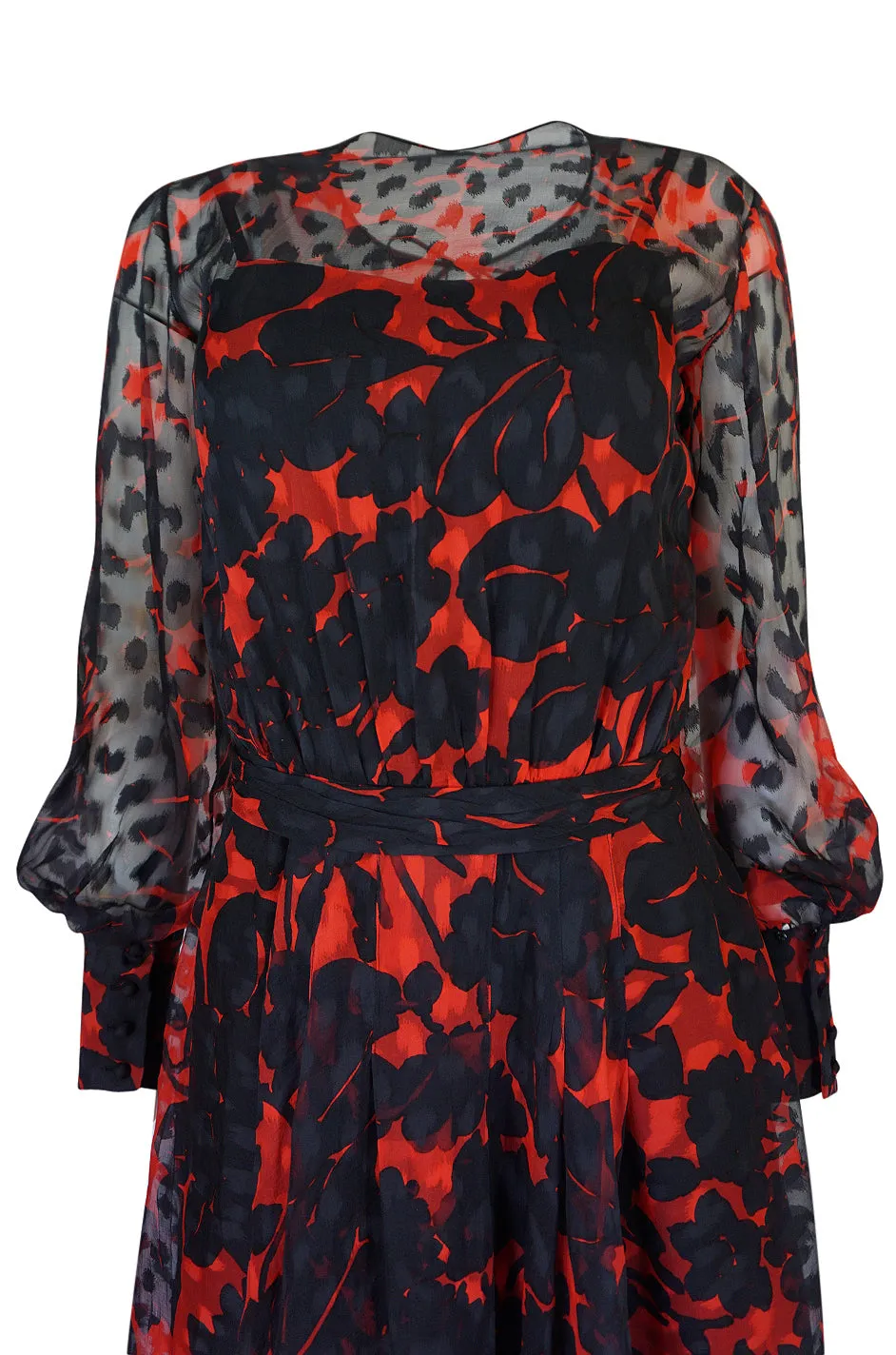 c.1976-77 Chanel True Haute Couture Red & Black Floral Print Silk Dress