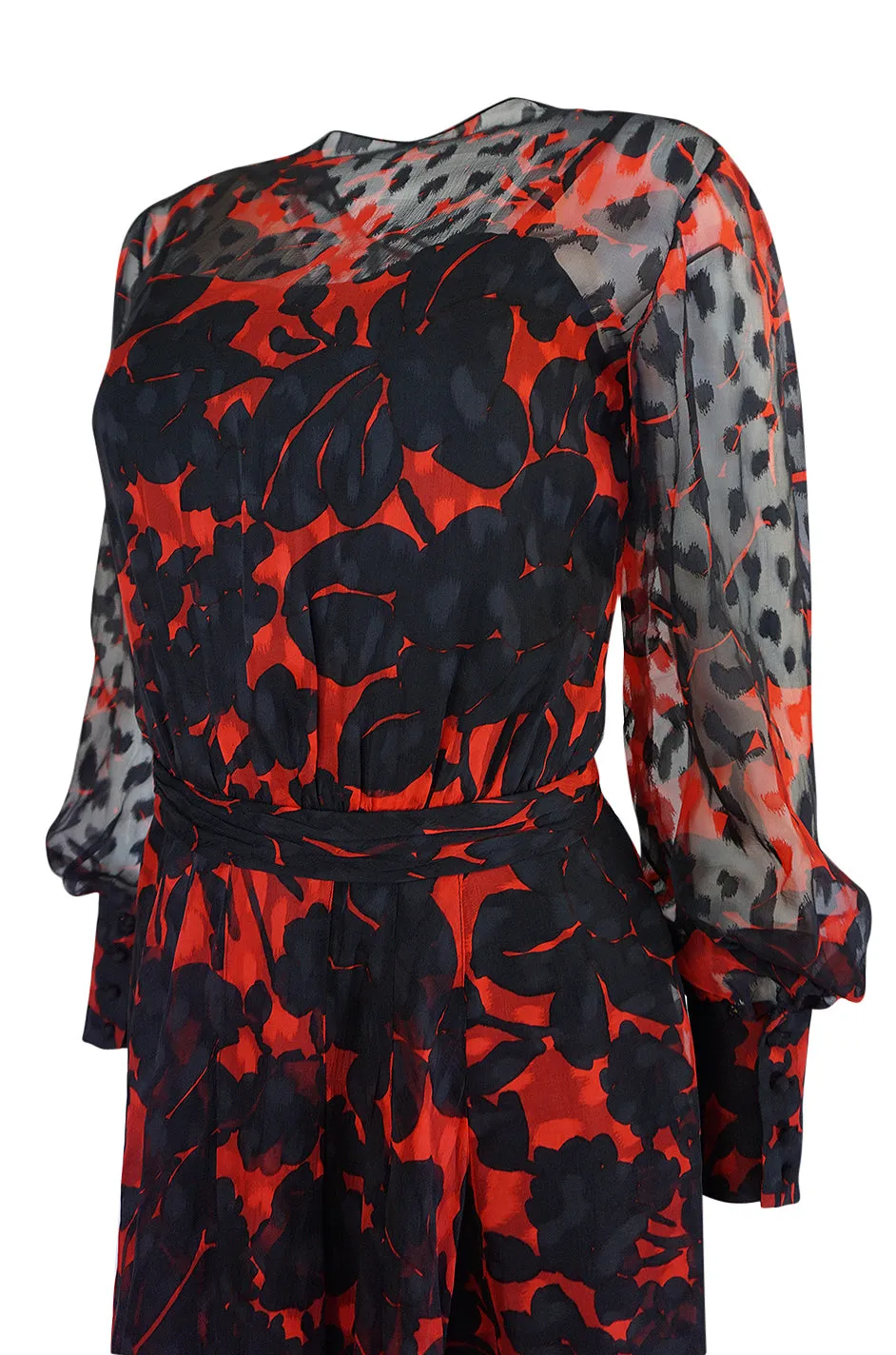 c.1976-77 Chanel True Haute Couture Red & Black Floral Print Silk Dress