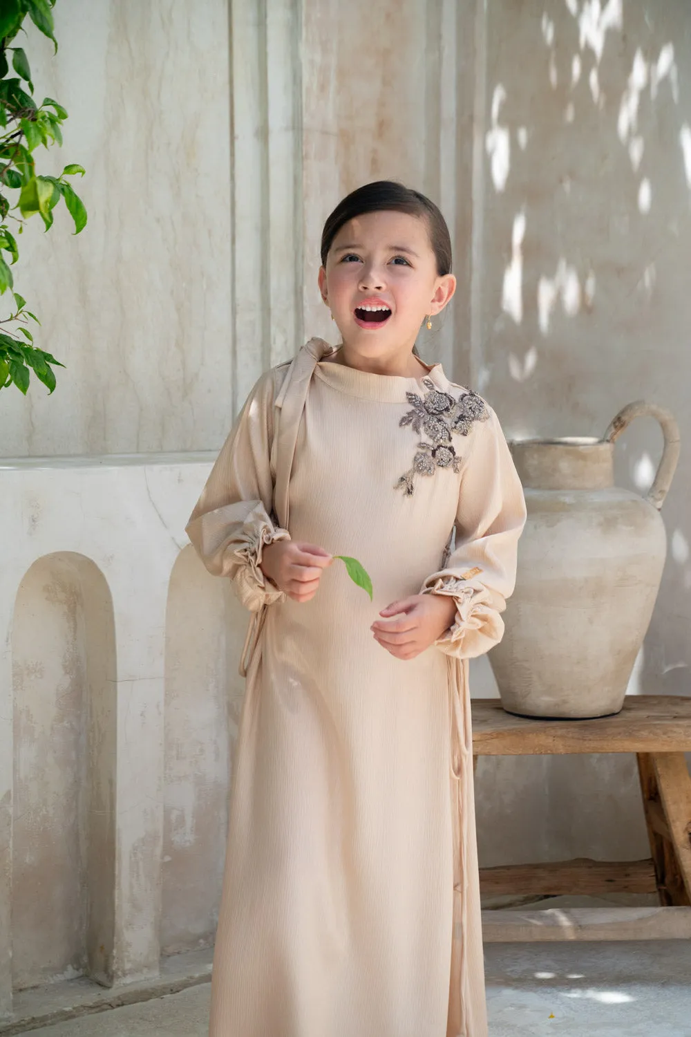 Champagne Blossom Embroidered Kids Abaya