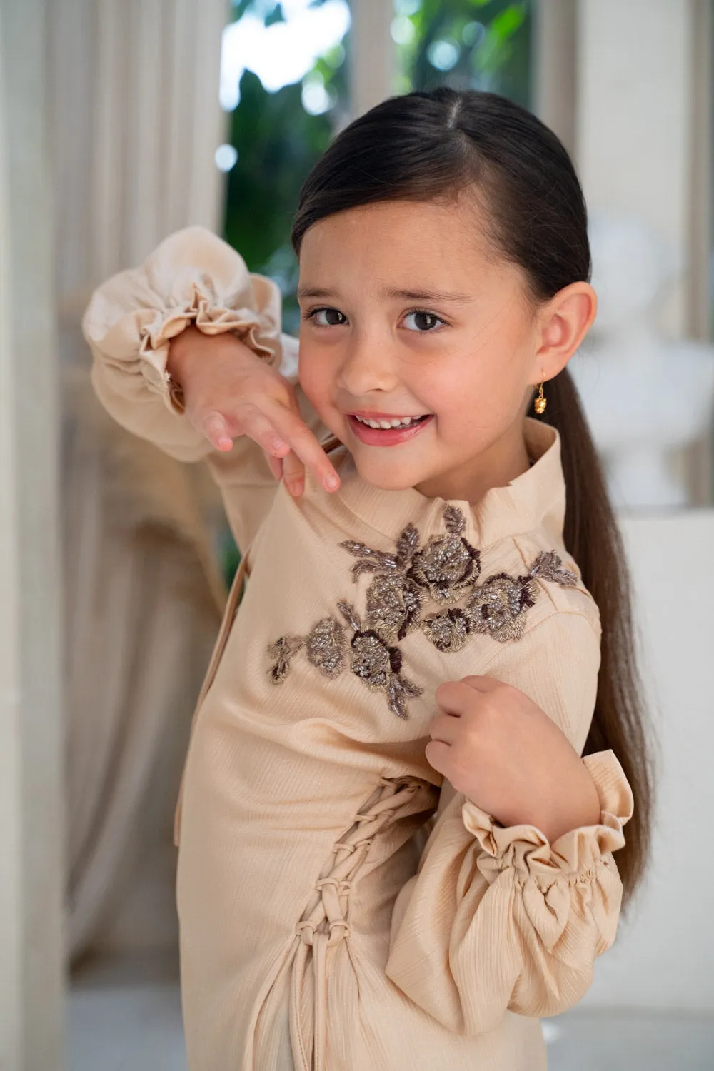Champagne Blossom Embroidered Kids Abaya