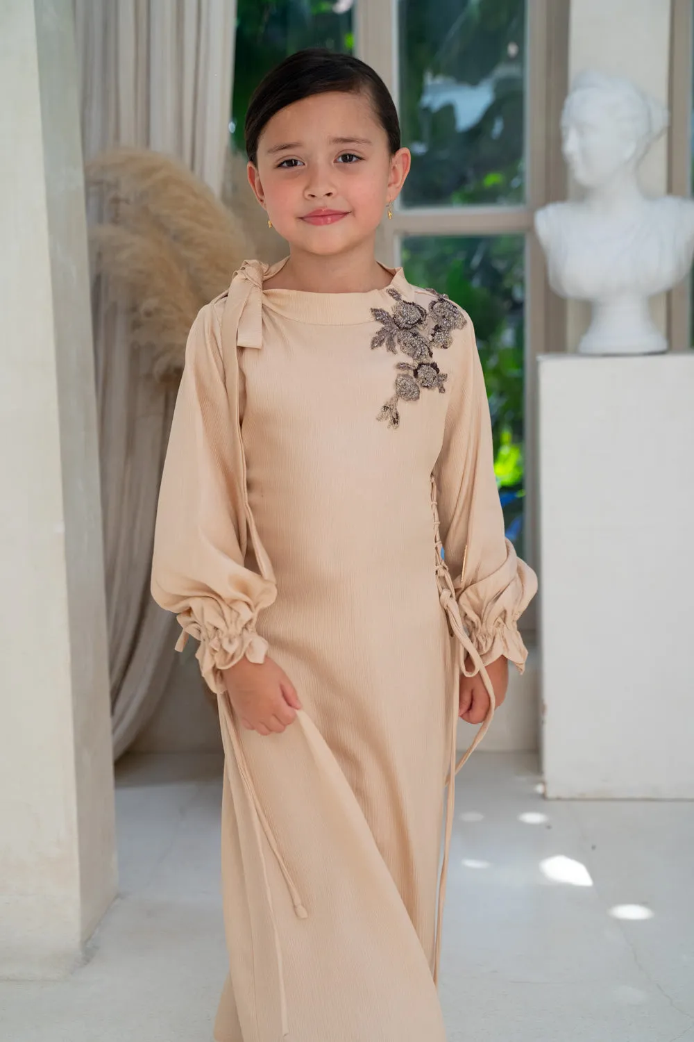 Champagne Blossom Embroidered Kids Abaya