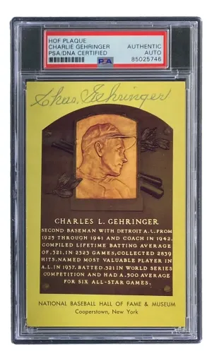 Charlie Gehringer Signed 4x6 Detroit Tigers HOF Plaque Card PSA/DNA 85025746
