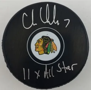 Chris Chelios Signed Blackhawks Logo Hockey Puck Inscibd 11x All-Star (Schwartz)