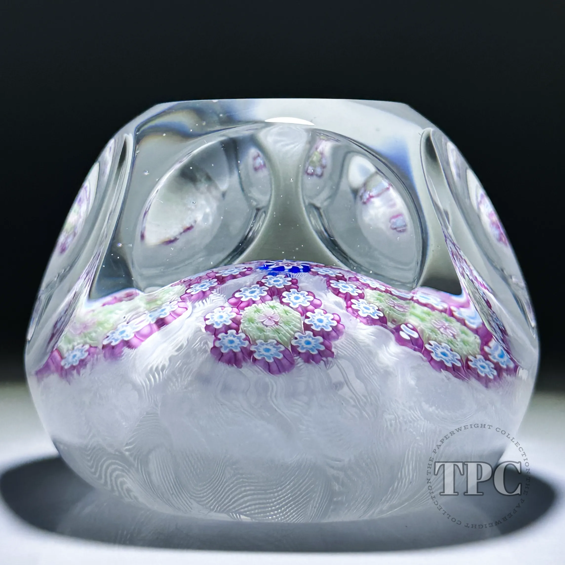 Damon MacNaught 2024 Faceted Glass Art Paperweight Patterned Millefiori on Upset White Muslin Lace Ground