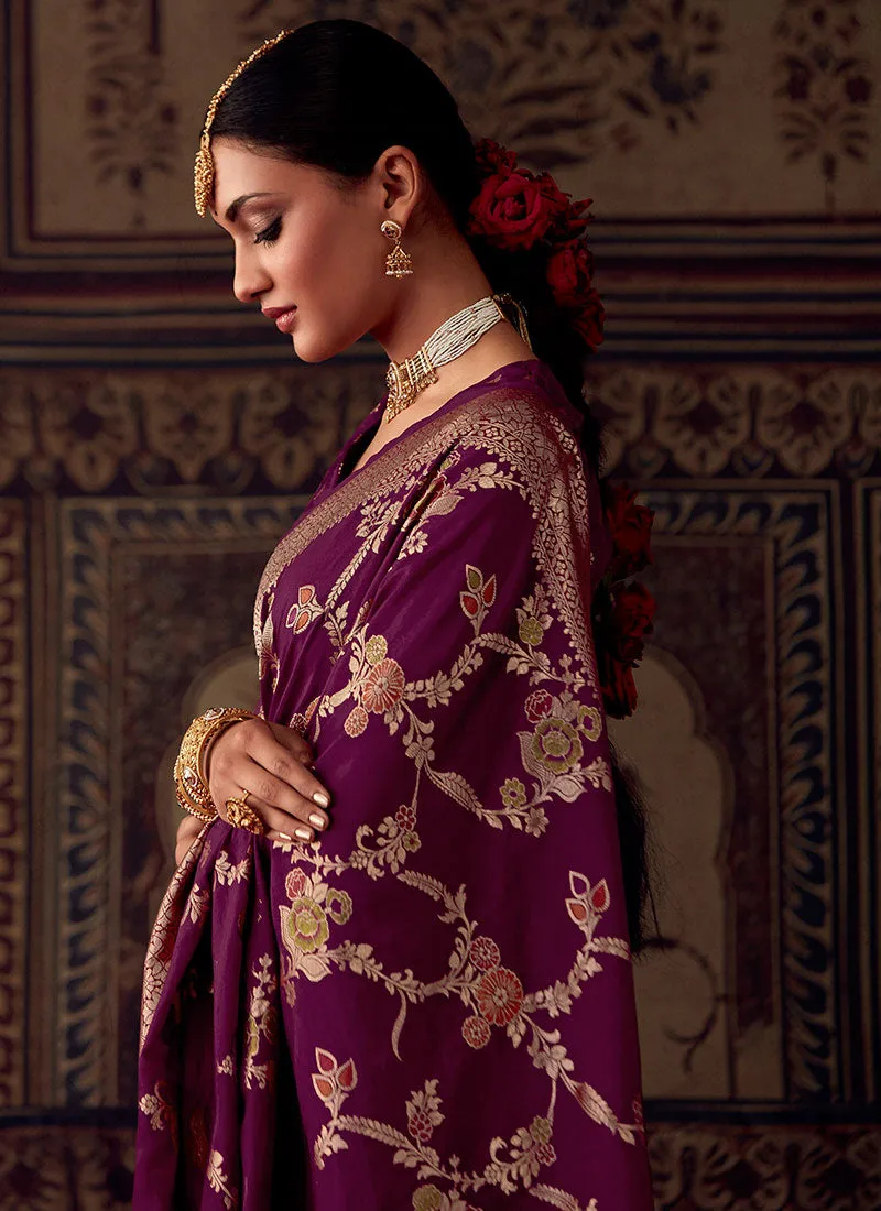 Deep Wine Zari Weaved Banarasi Crape Georgette Saree