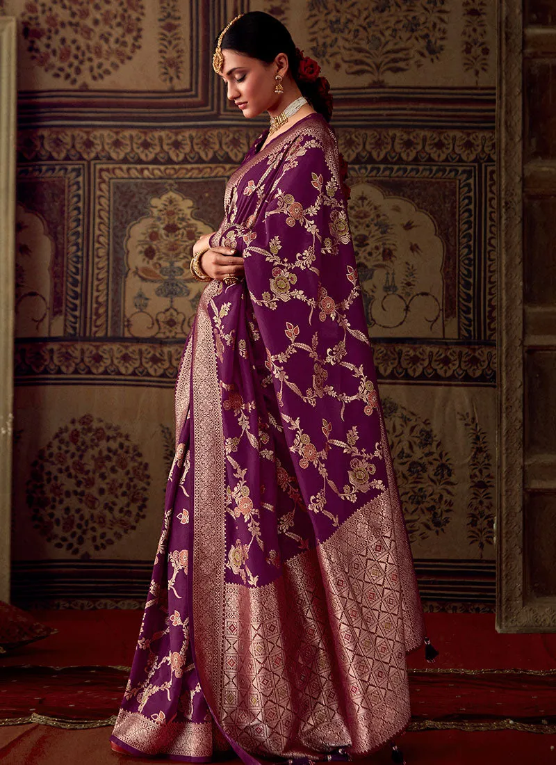 Deep Wine Zari Weaved Banarasi Crape Georgette Saree