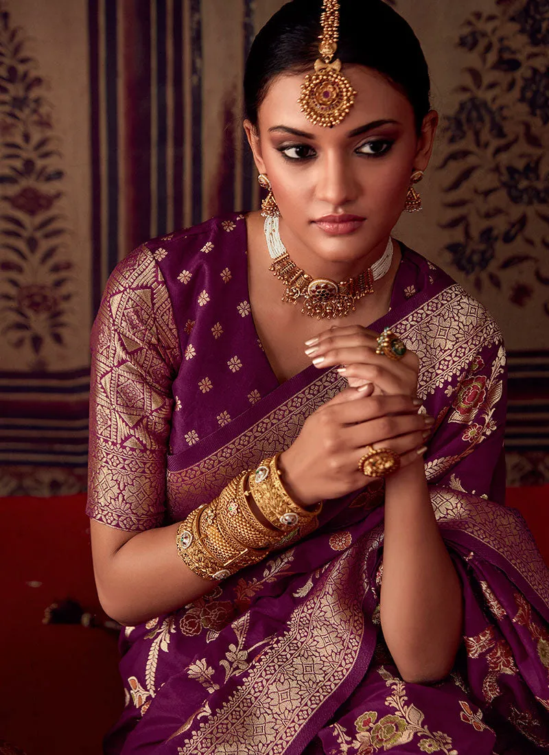 Deep Wine Zari Weaved Banarasi Crape Georgette Saree