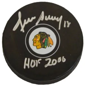 DENIS SAVARD Signed Chicago Blackhawks Logo Hockey Puck w/HOF 2000 - SCHWARTZ