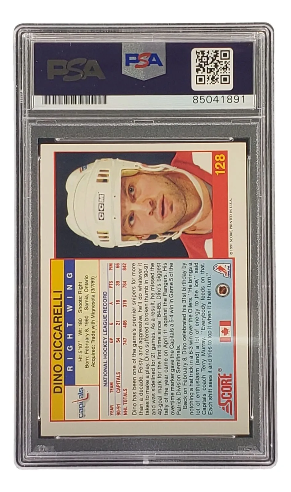 Dino Ciccarelli Signed 1991 Score #128 Capitals Hockey Card PSA/DNA 85041891
