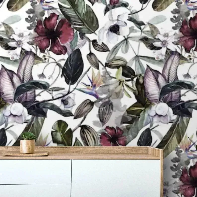 Dramatic Oversized Exotic Floral Watercolor Wallpaper