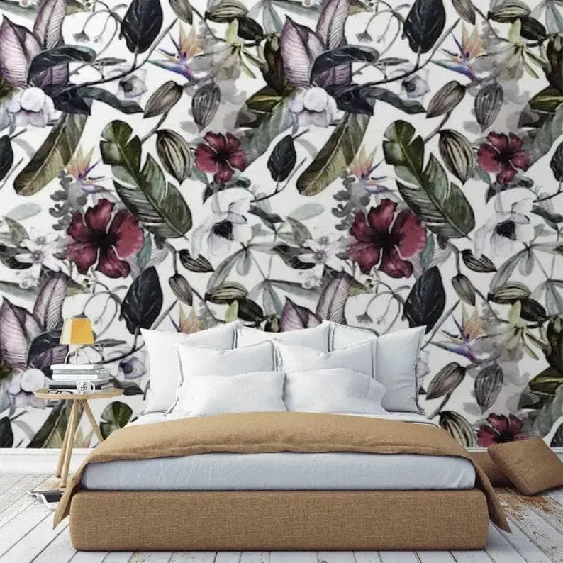 Dramatic Oversized Exotic Floral Watercolor Wallpaper