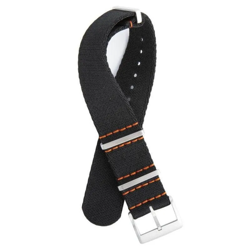 Eco-Friendly  Nylon Military  Watch Strap -  Black Orange Stitches