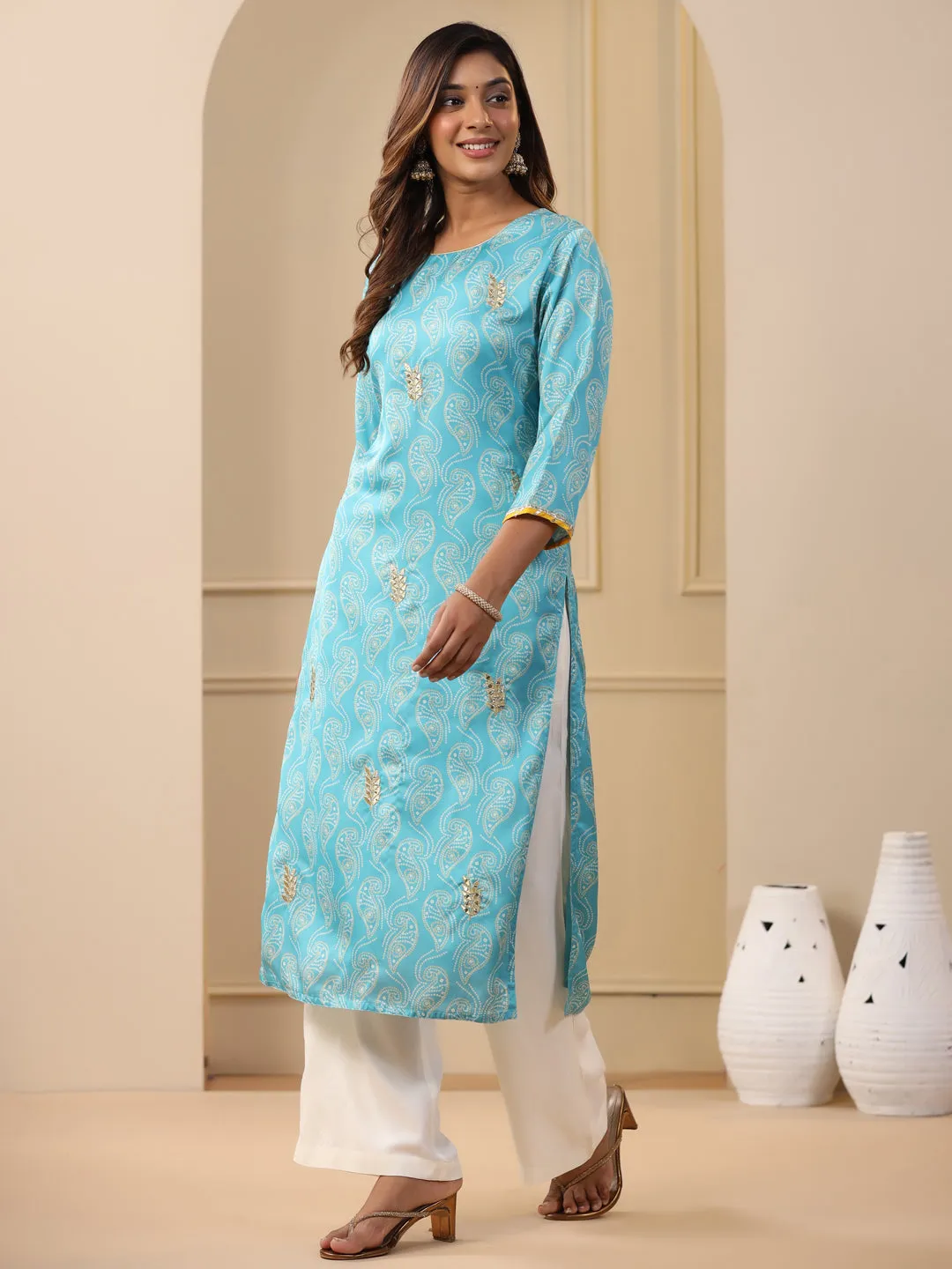 Embroidered Art Silk Blue Printed Straight Kurta