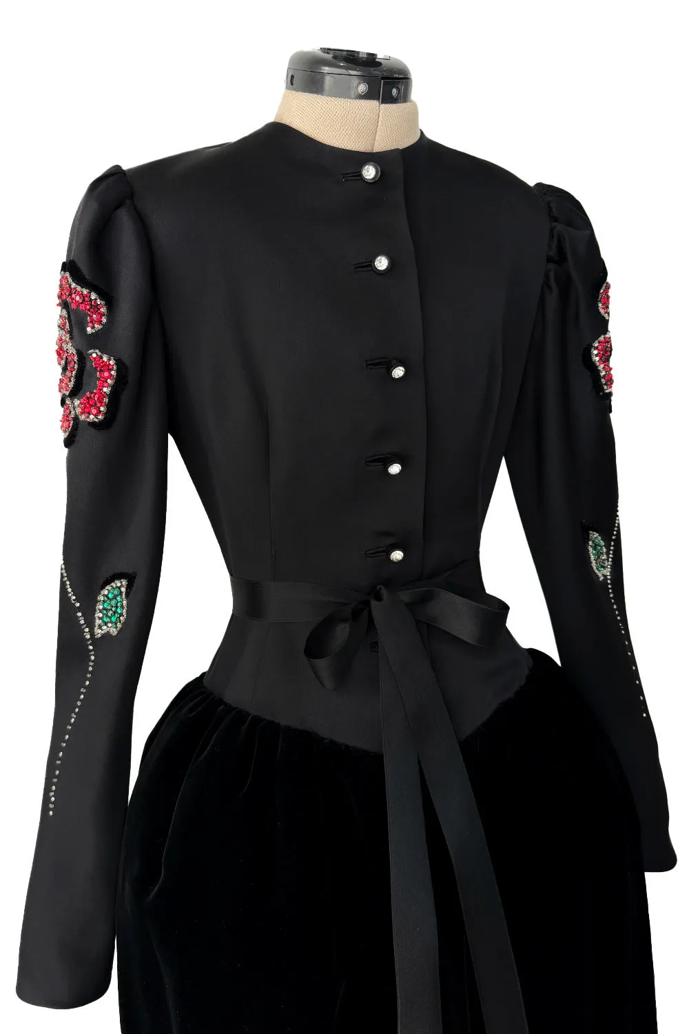 Fall 1978 Givenchy Haute Couture Original Runway Sample Black Silk & Velvet Dress w Beaded Sleeves