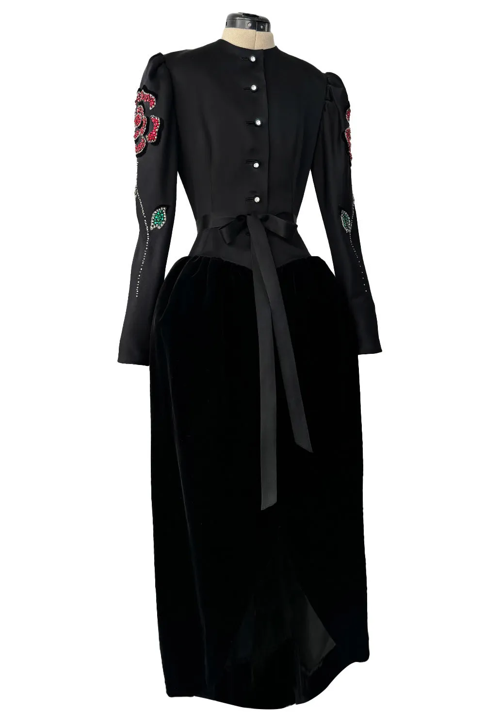 Fall 1978 Givenchy Haute Couture Original Runway Sample Black Silk & Velvet Dress w Beaded Sleeves