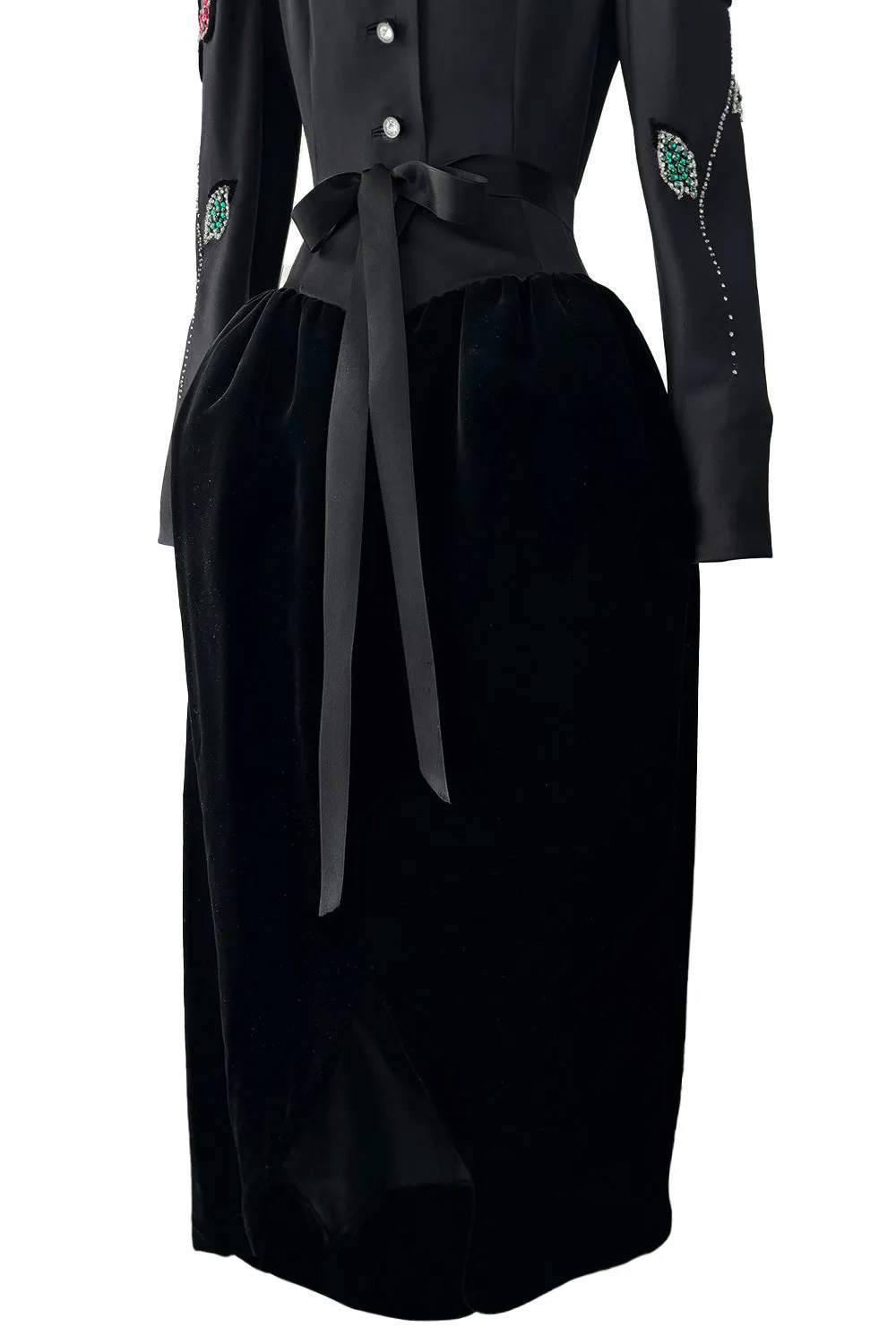 Fall 1978 Givenchy Haute Couture Original Runway Sample Black Silk & Velvet Dress w Beaded Sleeves
