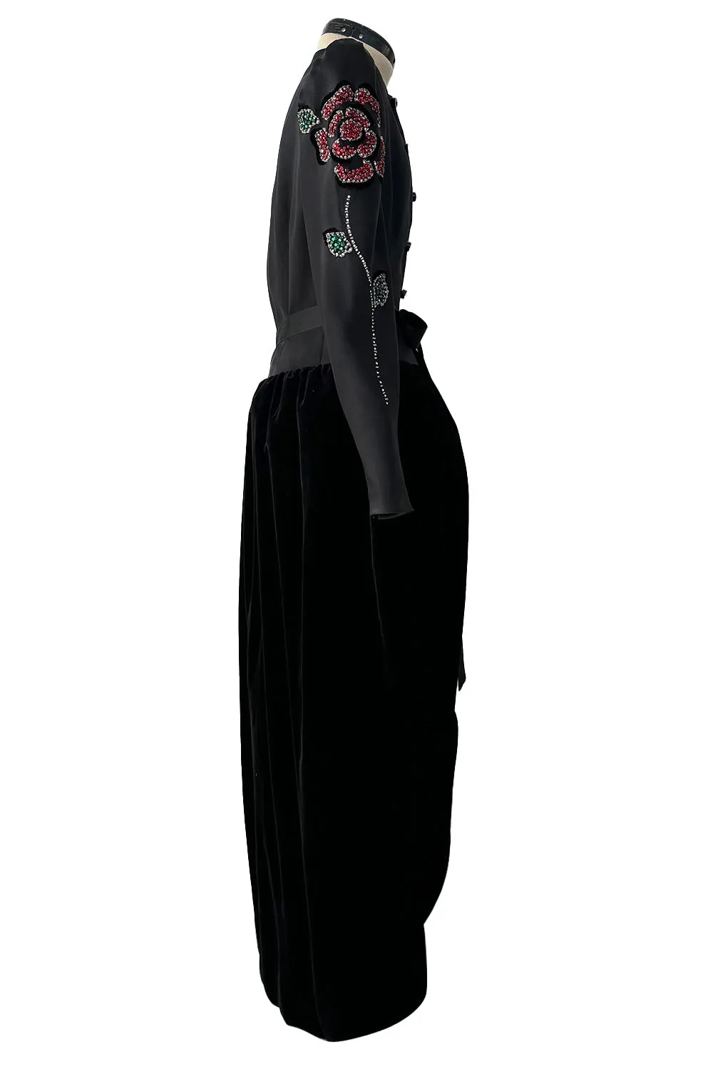 Fall 1978 Givenchy Haute Couture Original Runway Sample Black Silk & Velvet Dress w Beaded Sleeves