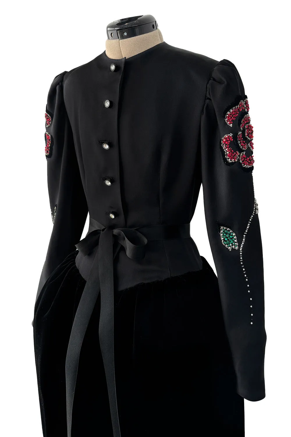 Fall 1978 Givenchy Haute Couture Original Runway Sample Black Silk & Velvet Dress w Beaded Sleeves
