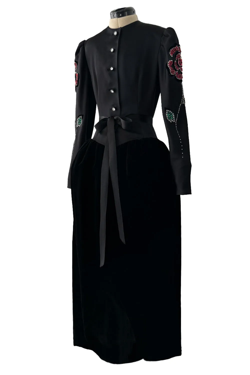 Fall 1978 Givenchy Haute Couture Original Runway Sample Black Silk & Velvet Dress w Beaded Sleeves