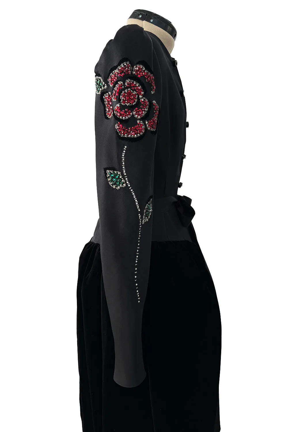 Fall 1978 Givenchy Haute Couture Original Runway Sample Black Silk & Velvet Dress w Beaded Sleeves