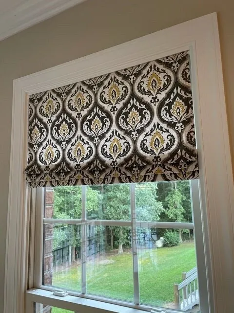 Faux Roman Shade Valance in Dark Taupe and Gold Damask Print, Fully Lined, Custom Made