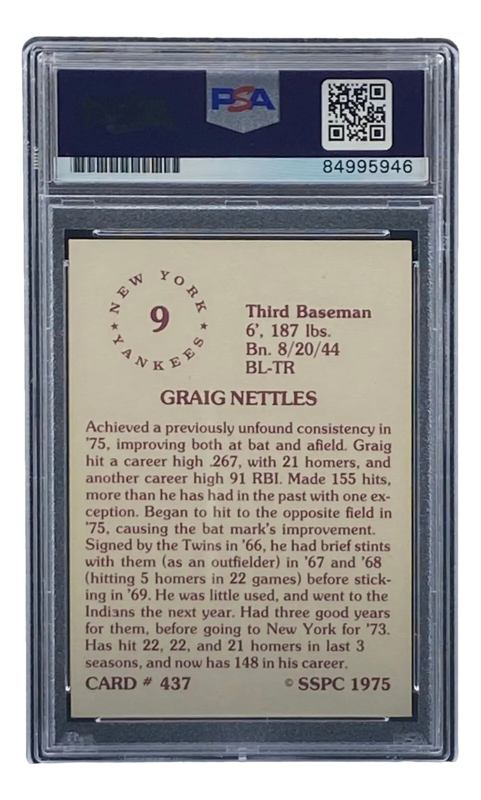 Graig Nettles Signed New York Yankees 1975 SSPC #437 Trading Card PSA/DNA