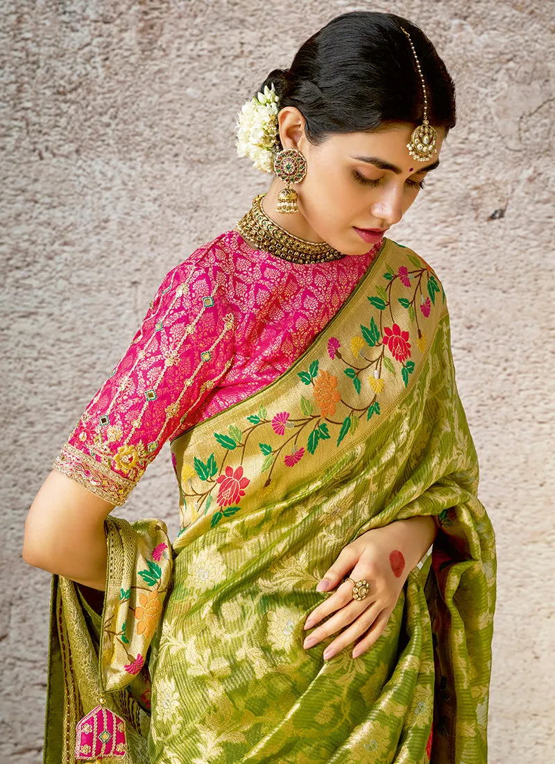 Green And Pink Floral Kora Banarasi Silk Saree