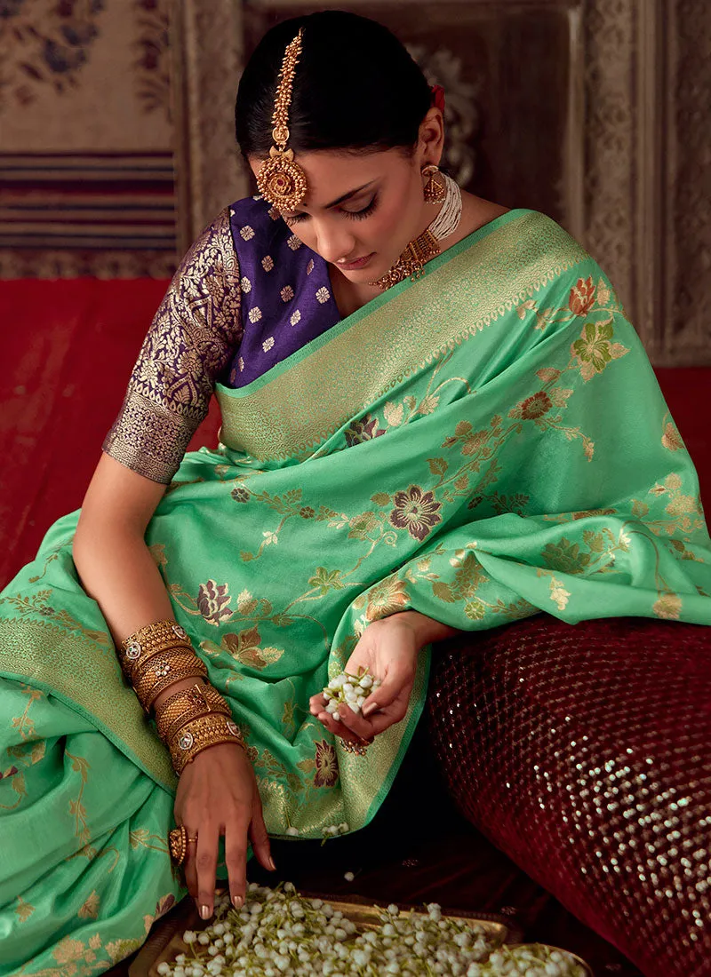 Green And Purple Zari Weaved Banarasi Crape Georgette Saree